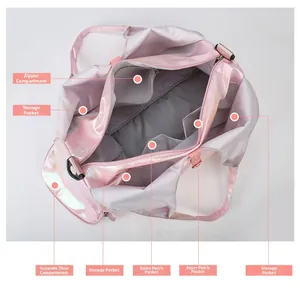 Detailed interior of laser holographic gym bag showing organized pockets and shoe compartment
