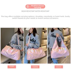 Close-up of holographic pink sports bag showing wear-resistant and waterproof material