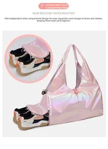 Detailed shot of an iridescent pink duffel bag showing the separate side shoe compartment