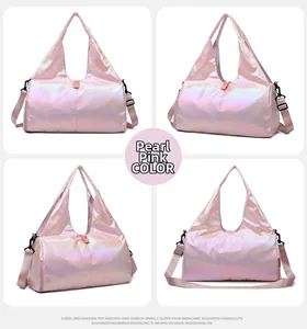 Pearlescent pink fitness bag shown from four angles with handles and a long strap