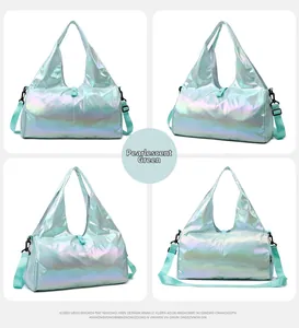 Pearlescent green laser gym bag with wet dry separation and adjustable shoulder strap