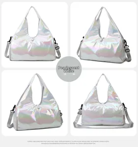Detailed views of pearlescent white laser travel bag with detachable grey shoulder strap