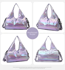 Detailed views of the pearly purple holographic duffel bag with smooth metallic finish