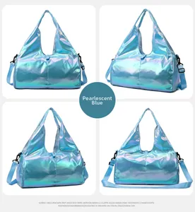Detailed views of a pearlescent blue holographic fitness bag with wet-dry separation