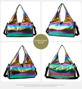 Macro view of iridescent gold laser travel bag with metallic finish and black straps