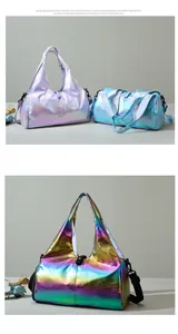 Close-up of shiny holographic laser travel bag with waterproof texture and metal finish
