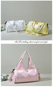 Detail showing the iridescent metallic luster and waterproof texture of the travel bag