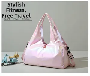 Holographic pink gym bag with laser pearl texture showing shoulder straps and buckles