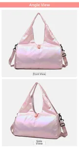 Front and side views of pink laser holographic fitness bag with shimmering fabric