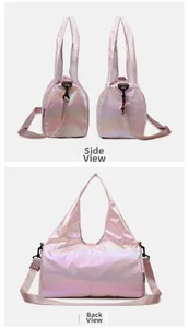 Detail view of pink holographic gym bag showing side and back panels with metallic finish