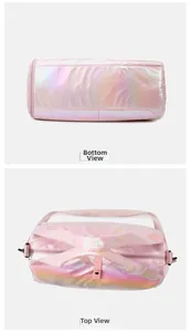 Detailed top and bottom view of holographic travel bag with pearlescent pink finish