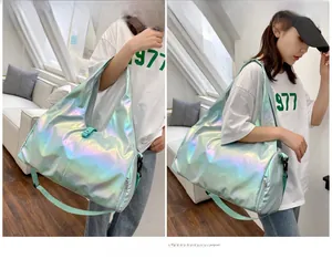 Detail view of iridescent holographic travel bag with waterproof texture and side pocket