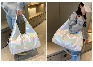 Detailed holographic travel bag with glossy rainbow finish and durable nylon straps
