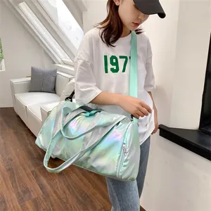 Iridescent holographic fitness travel bag with shoulder strap in stylish metallic green