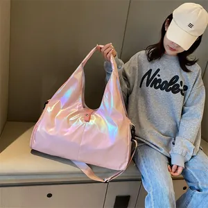 Pink laser holographic travel tote bag with dry-wet separation and detachable strap