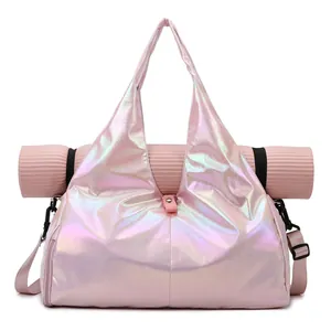 Pink holographic yoga gym bag with yoga mat holder and iridescent metallic finish