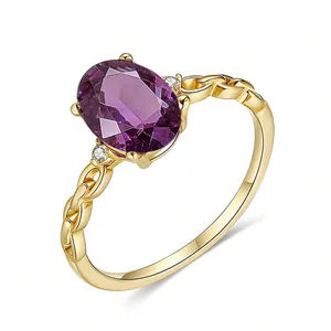 18K gold plated 925 silver ring featuring oval purple amethyst and woven chain band