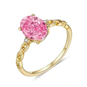 925 silver 18K gold ring featuring pink oval gemstone and chain link band design