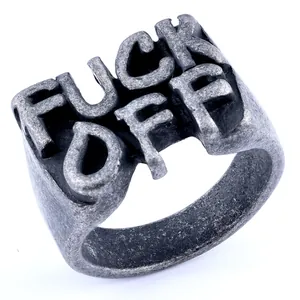 Punk style Fuck Off ring with vintage textured finish and 3D carved lettering