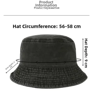 Detailed dimension chart of black denim bucket hat with circumference and brim measurements