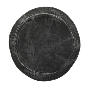 Top view showing fabric texture and stitched brim of washed denim bucket hat