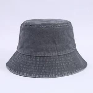 Close-up of the vintage dark grey denim bucket hat showing detailed stitching and texture