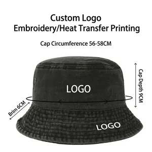 Black denim bucket hat with size chart: 56-58cm circumference, 9cm depth, 6cm brim width