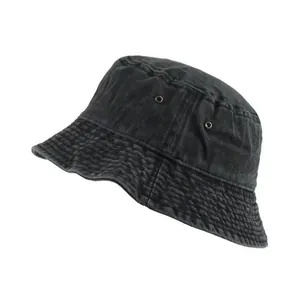 Vintage black denim bucket hat for women with sun protection and washed cotton finish