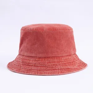 Vintage rust red washed denim bucket hat for women with reinforced stitched brim