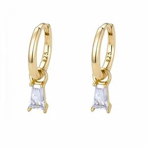 Minimalist S925 sterling silver hoop earrings with geometric square zircon stones