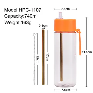 740ml Tritan sports water bottle with orange lid, straw and cleaning brush set