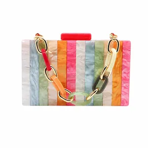Sac De Soirée Élégant Pour Femmes Pochette En Acrylique Marbré À Rayures Sac À Main Rigide Rectangulaire Avec Chaîne