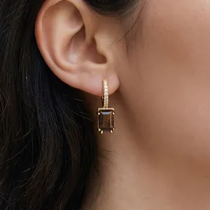 18K gold-plated drop earrings with white zircon hoops and rectangular brown gemstones