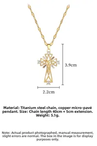 Detail showing dimensions of the gold cross pendant with cubic zirconia inlay and cable chain