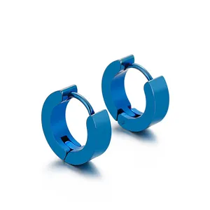 Polished blue stainless steel huggie hoop earrings for men and women stylish jewelry