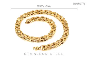 Detailed view of heavy gold-tone stainless steel Byzantine chain necklace for men