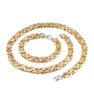 Detailed view of 10mm gold and silver two-tone Byzantine chain necklace and bracelet set
