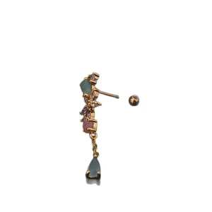 Golden flower stud earring with pink water drop zircon and screw back closure