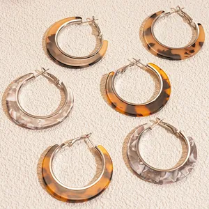 Three-piece acetate C-shaped hoop earrings set with leopard and marble patterns