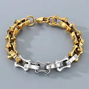 Detail view of a two-tone stainless steel men's bracelet with unique bamboo-style links