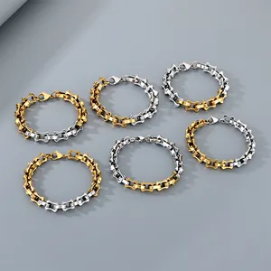 Detailed view of two-tone titanium steel chain bracelets with bamboo knot links.