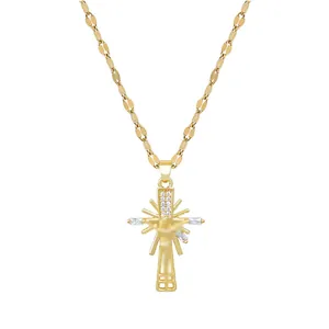 Gold titanium steel necklace with micro-pave cross pendant and shimmering zircons