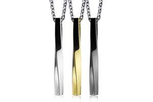 Three twisted rectangle pendant necklaces in silver, gold and black with mirror finish