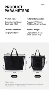 Size chart showing large and small black mesh beach bag dimensions with dual handles