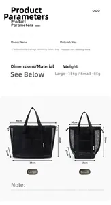 Size chart showing large and small black mesh beach bag dimensions with dual handles