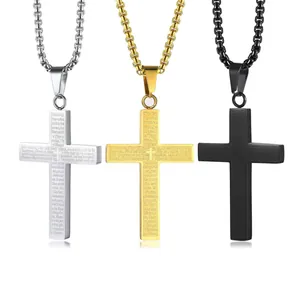 Herren Kreuzanhänger Kette aus Edelstahl in Silber, Gold und Schwarz mit Gravur-Details