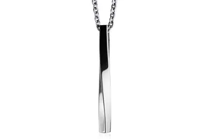 Close-up of twisted vertical bar pendant with polished silver finish and link chain