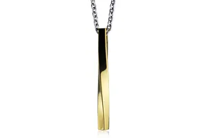 Detailed view of a gold-tone twisted bar pendant with high-polish mirror finish and silver chain