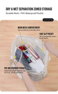 Mesh beach bag detail showing multi-pocket interior with PVC waterproof compartment
