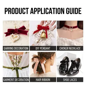 Various DIY uses for 1cm velvet ribbon including jewelry, hair bows and clothing decor